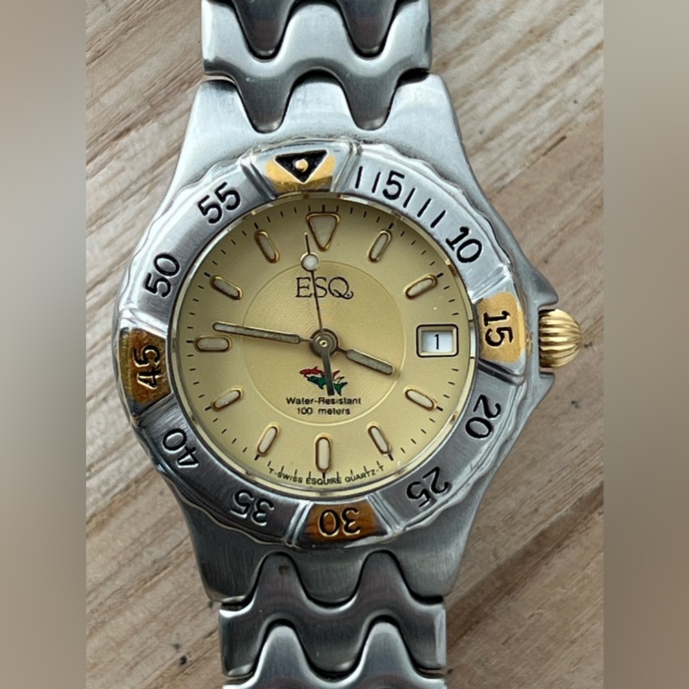 ESQ Super Rare Freedom Ladies Diver Watch Gold-Tone Dial Weave Bracelet Date